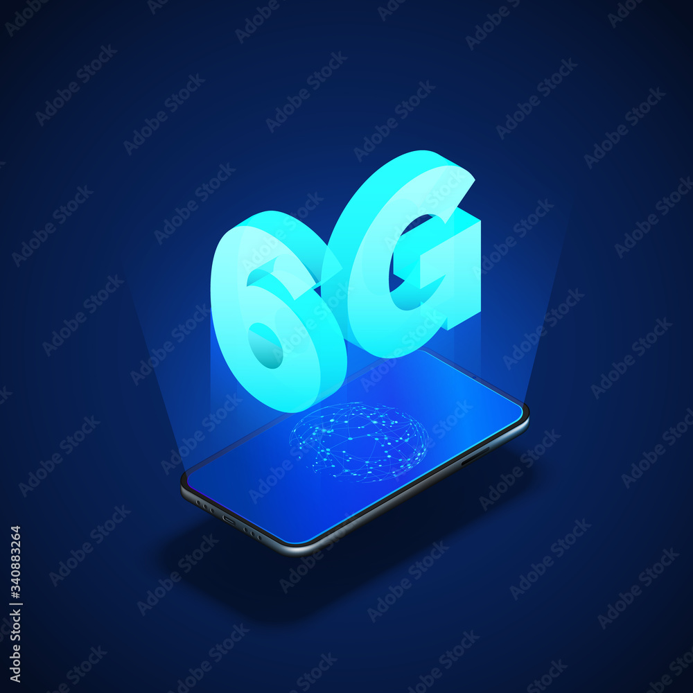 Poster 6g high speed mobile network. mobile phone with internet connection on screeen. technology backgroun