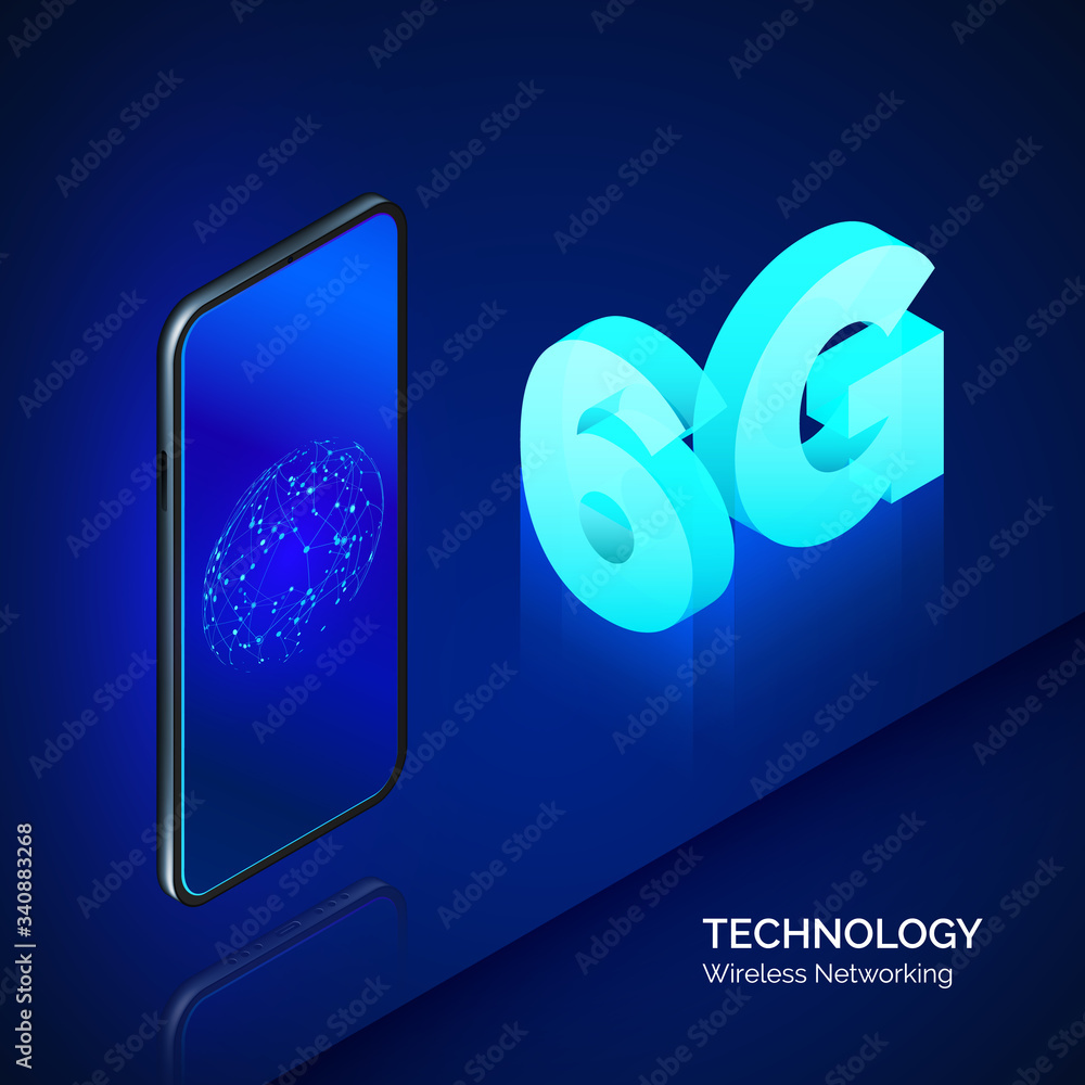 Poster high speed mobile network. 6g isometric banner. mobile phone with internet connection on screeen. te