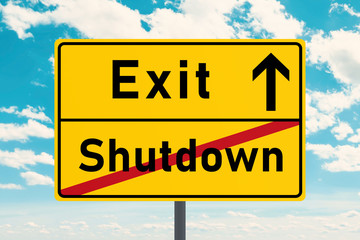 Reduce the economy and social contacts. Representation as traffic sign with the inscription "Shutdown" and "Exit".