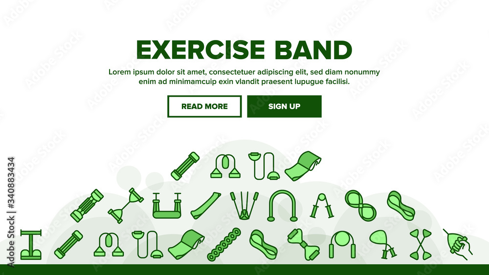 Poster exercise band tools landing web page header banner template vector. resistance and stretchable belt,