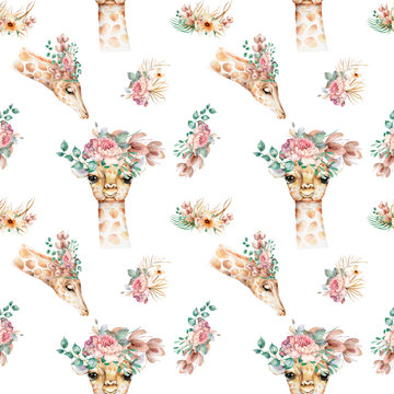 Giraffe pattern Hand drawn watercolor cartoon giraffe tropical animal isolated illustration. Jungle exotic summer design