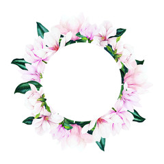 Round banner with watercolor magnolia flowers and leaves