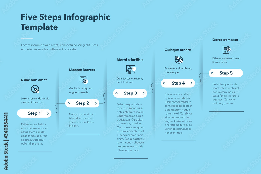 Poster modern business progress infographic template with five successive steps - blue version. easy to use