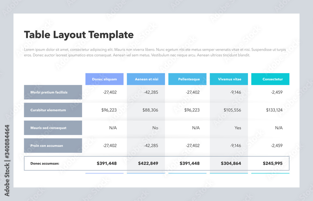 Aufkleber Modern business table layout template with the total sum row and place for your content. Flat design, easy to use for your website or presentation.