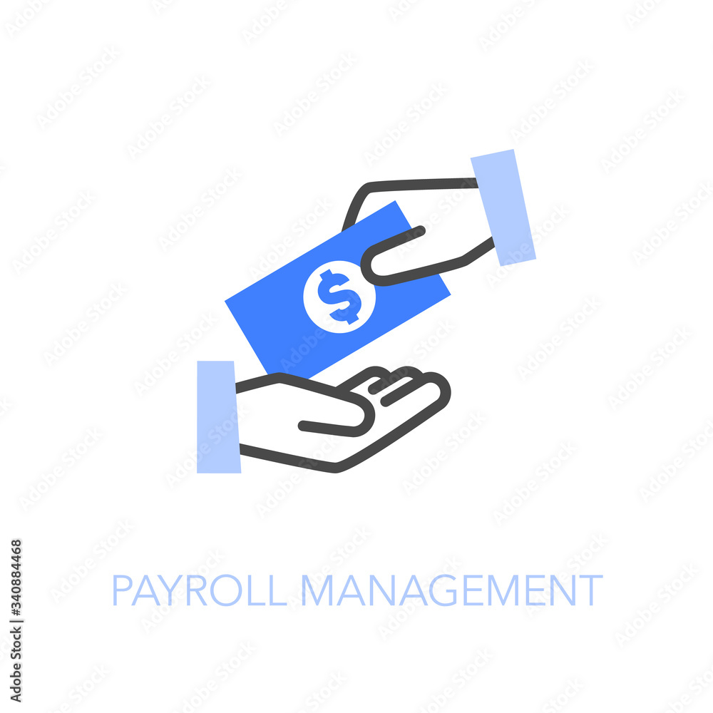 Poster Payroll management symbol with two hands and money. Easy to use for your website or presentation.