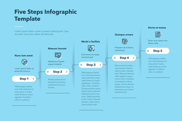 Modern business progress infographic template with five successive steps - blue version. Easy to use for your website or presentation.