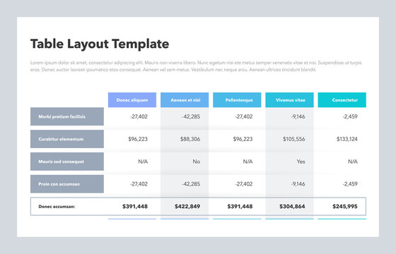 Modern business table layout template with the total sum row and place for your content. Flat design, easy to use for your website or presentation.