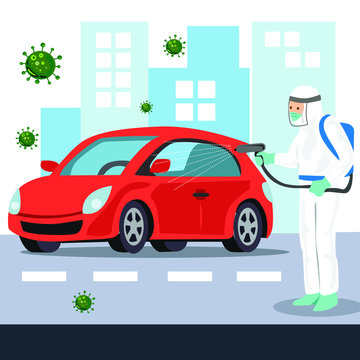 Vector illustration of a coronary injection (Covid-19) personnel sterilizing spray inside the car.
