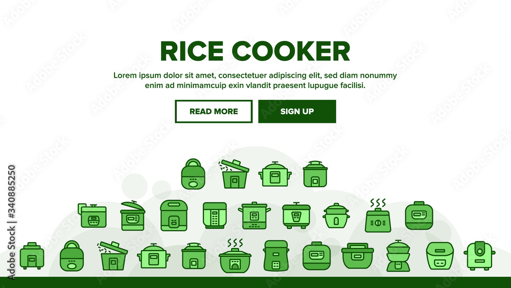 Aufkleber rice cooker landing web page header banner template vector. rice cooker electronic device for cookin
