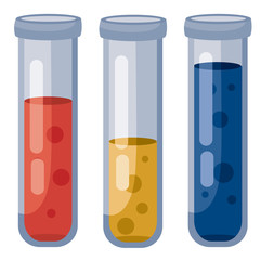 set of three test tubes with liquids of red, yellow and blue and different levels of liquid inside, isolated object on a white background, vector illustration,