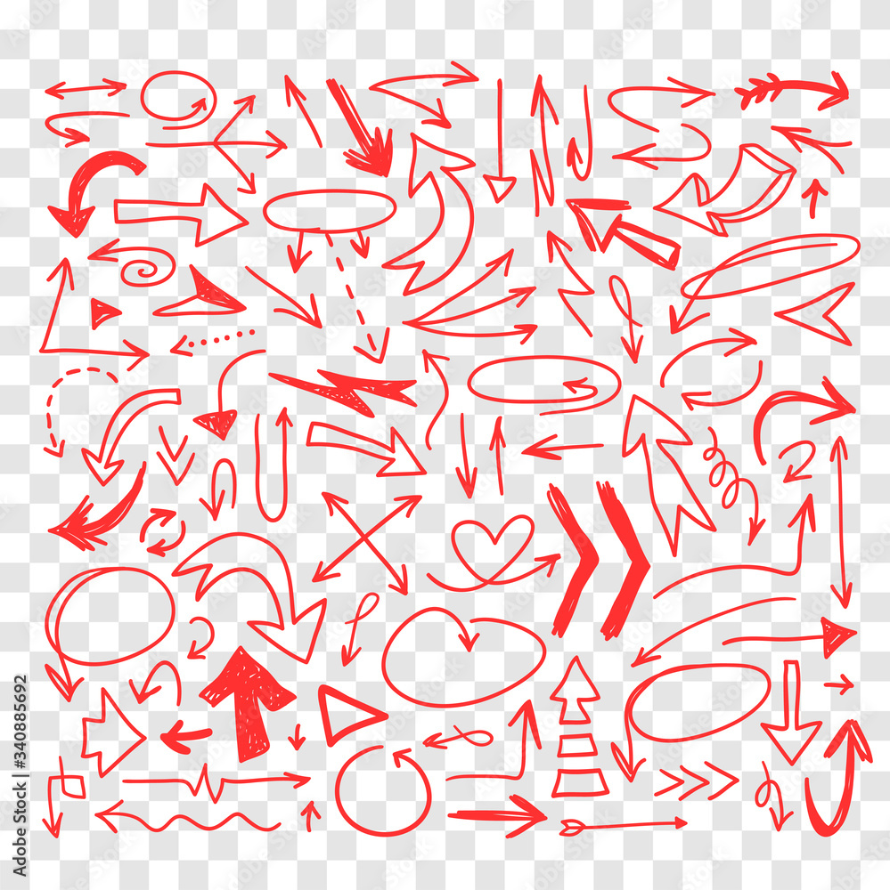 Poster hand drawn object for design use. red doodle frame and arrows on transparent background. abstract pe
