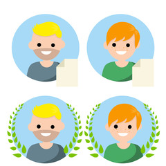 Set of avatars of man and woman in circle. New file icon. Guy and girl. Social network elements and applications. Happy face of character. Cartoon flat illustration. Green Laurel wreath of winner