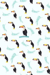 Tropical Background. Toucan Bird, Cactus, Flowers. Seamless Pattern.