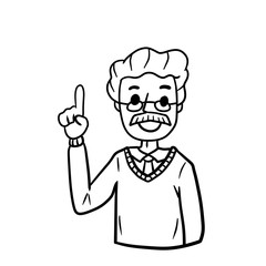 Old man points up. Finger and hand gesture. Smiling senior. Hand-drawn illustration. Happy emotion.