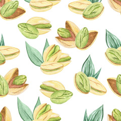 Watercolor nuts seamless pattern. Cashews, almonds, hazelnuts, walnut. Illustration for menu, catalog, restaurant, cartoon, game, kitchen, textile, decor.