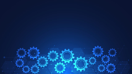 Cogs and gear wheel mechanisms. Hi-tech digital technology and engineering. Abstract technical background.