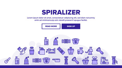 Spiralizer Kitchenware Landing Web Page Header Banner Template Vector. Spiralizer Kitchen Utensil For Slicing And Cutting, Meat Grinder And Grater Illustrations