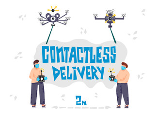 Two courier in protective masks and gloves control drones. Banner with contactless delivery vector lettering. Safe distance to protect from covid-19 coronavirus