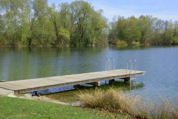 rural scene with swimming lake without people in summer