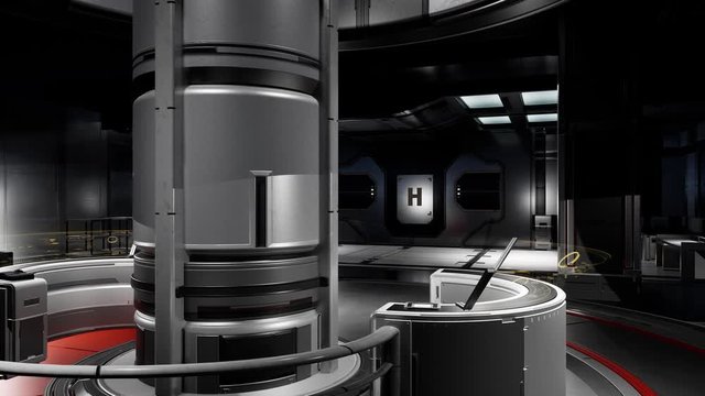 Futuristic abstract hi-tech scientific fiction laboratory. Interior sterile equipment of spaceship. Technology and advanced engineering. 3D animation render. Wide shoot, truck/parallax moving 