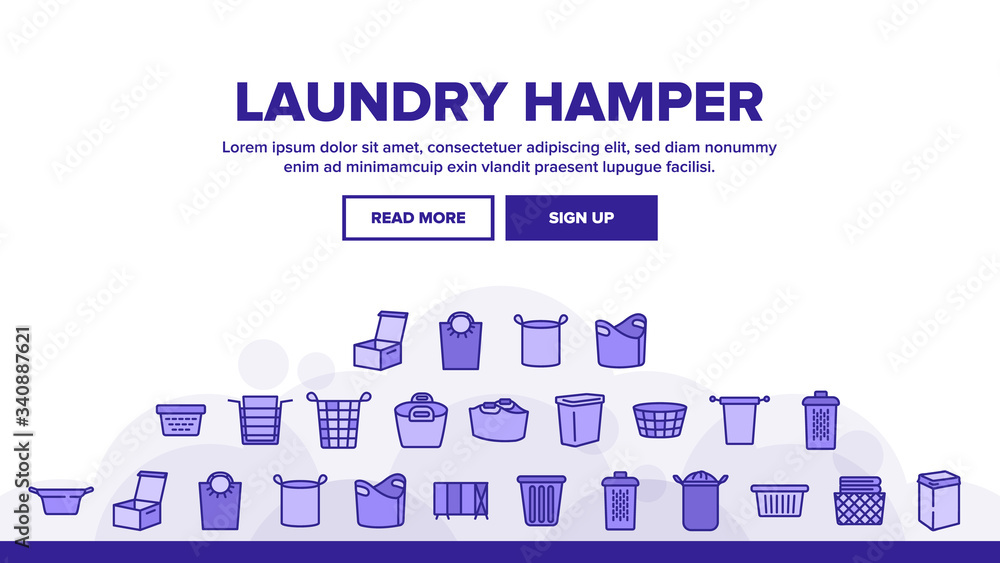 Poster laundry hamper basket landing web page header banner template vector. laundry hamper and bag for dir