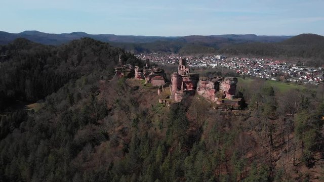 Aerial shot of Altdahn Castle located in the Palatine Forest, Germany.
