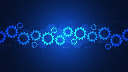 Cogs and gear wheel mechanisms. Hi-tech digital technology and engineering. Abstract technical background.