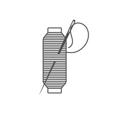 Needle and spool silhouette icon vector illustration. Black bobbin silhouette with outline needle and thread isolated on white background. Machinery spool instrument, fashion tailor logo graphic