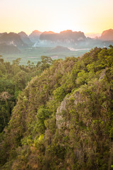 view of the mountains at sun set in Thailand 