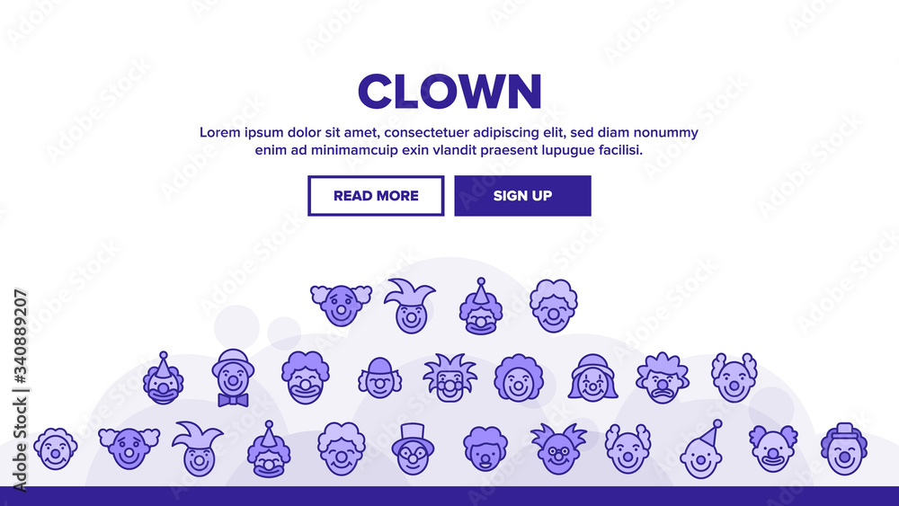 Poster clown circus character landing web page header banner template vector. happy smiling and unhappy sad