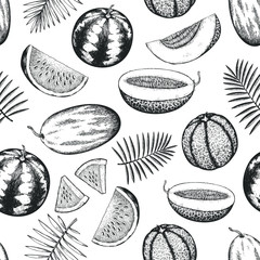 Melons and watermelons with tropical leaves seamless pattern. Hand drawn vector exotic fruit illustration. Engraved style fruit banner. Retro botanical backdrop.