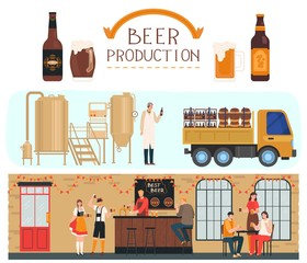 Beer production, brewery and alcohol beverages factory, brewing process, preparation, wort boiling, fermentation, filtration, bottling and beer bar with people cartoon vector illustration infographic.