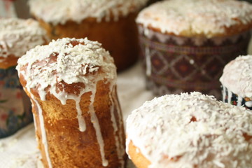 religious holiday, easter, close-up of delicious home-made festive pastries, cakes with white icing