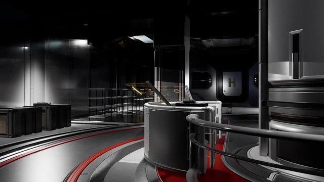 Futuristic abstract hi-tech scientific fiction laboratory. Interior sterile equipment of spaceship. Technology and advanced engineering. 3D animation render. Wide shoot, backward moving