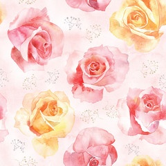 Watercolor floral seamless pattern in soft pink and yellow colors, big roses background