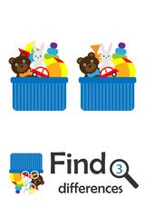 Find 3 differences, game for children, box with toys in cartoon style, education game for kids, preschool worksheet activity, task for the development of logical thinking, vector illustration