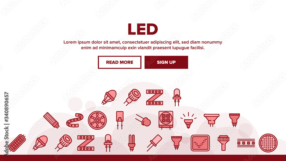 Poster led lamp landing web page header banner template vector. led technology light device, lighting tape 