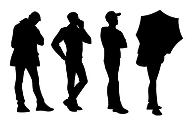 Set of young and adult men standing. Monochrome vector illustration of silhouettes of men in different poses. Stencil. Black silhouettes isolated on white background. Front view.
