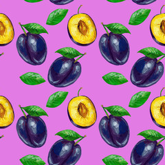 Plums with leaves and slices. Fruit seamless pattern design for textile, fabric, paper, wallpaper, packaging.