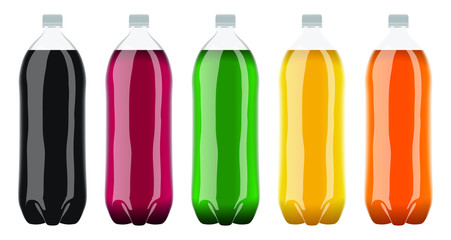A collection of various flavors of soda in plastic two liter bottles on an isolated white studio background