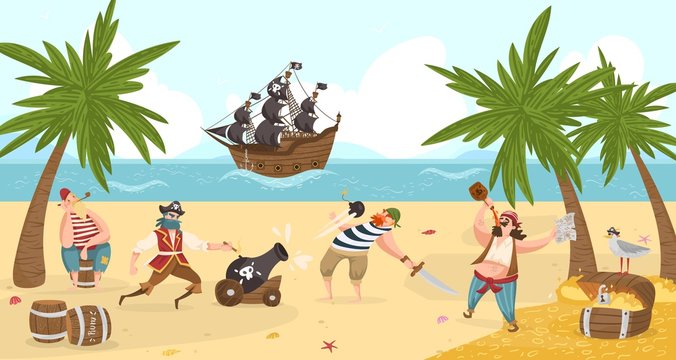 Sea pirates fight and drink rum on island, buccaneers cartoon characters flat vector illustration with treasure adventure. Sail boat in sea, pirates sailors, captain, boatswain and skipper.