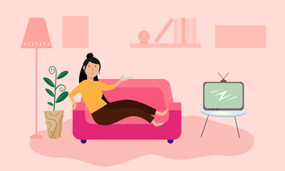 Relaxing woman in home landing page banner template