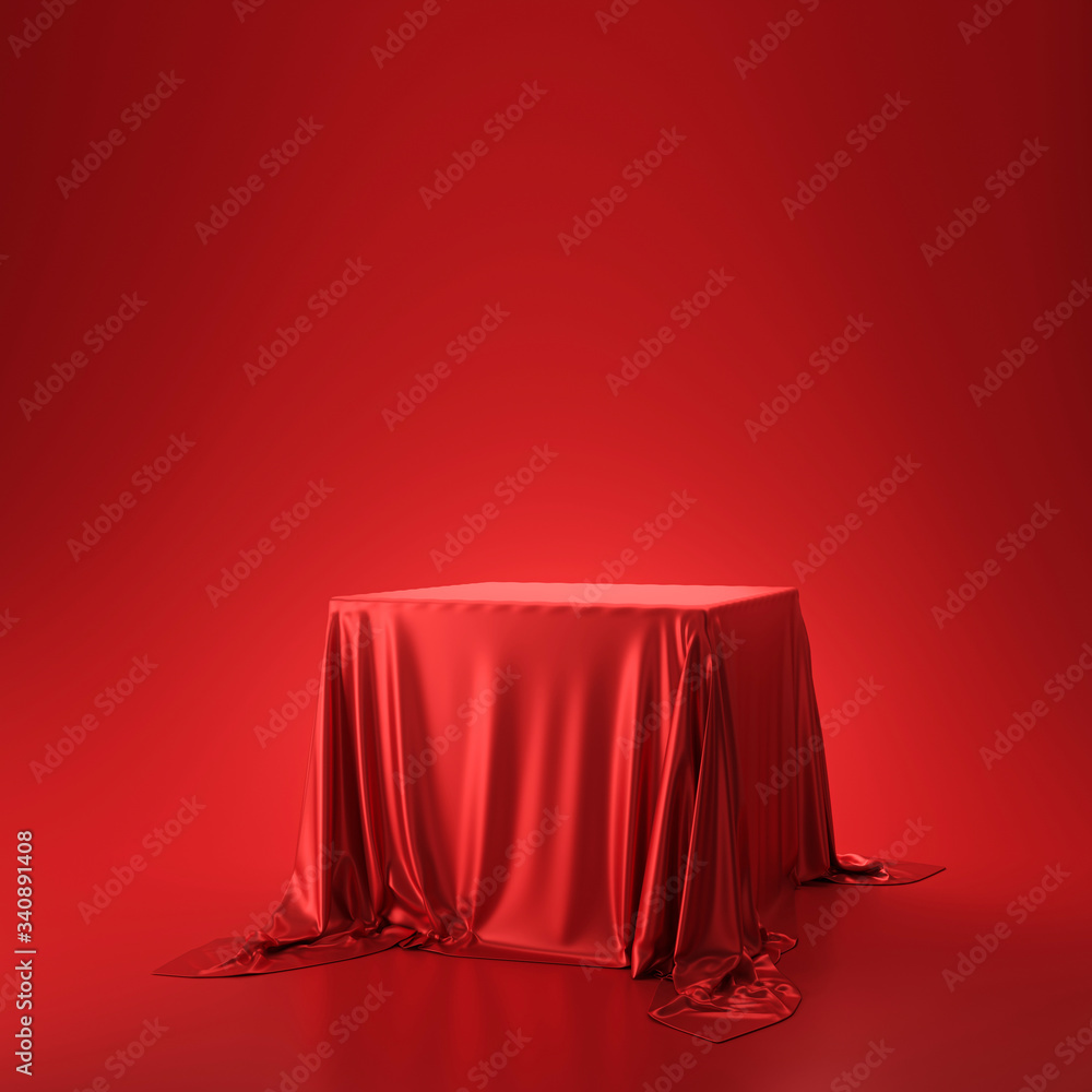 Poster red luxurious fabric or cloth placed on top pedestal or blank podium shelf on vivid background with 