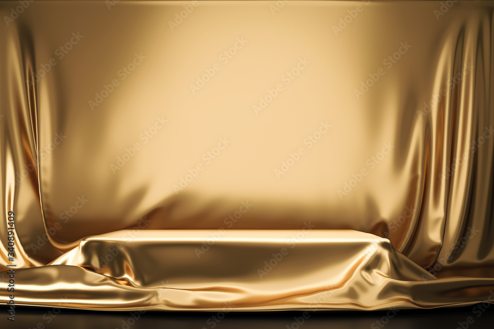 Aufkleber golden luxurious fabric or cloth placed on top pedestal or blank podium shelf on gold background wit