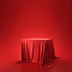 Red luxurious fabric or cloth placed on top pedestal or blank podium shelf on vivid background with...