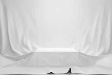 Rolgordijnen White luxurious fabric or cloth placed on top pedestal or blank podium shelf on vintage background with luxury concept. Museum or gallery backdrops for product. 3D rendering. © Lemonsoup14