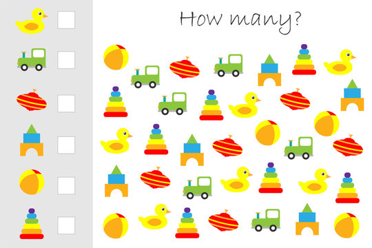 How many counting game with colorful toys for kids, educational maths task for the development of logical thinking, preschool worksheet activity, count and write the result, vector illustration