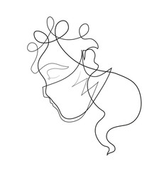 One continuous line drawing of wearing protective mask in quarantine.
woman wearing white cotton home made virus mask.