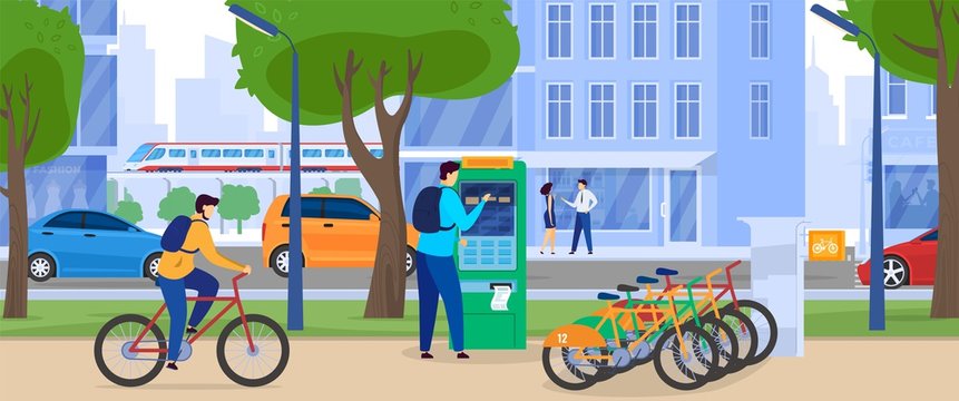 City bike rental, bicycle rental electronic system and people rent and bicycling smart service cartoon vector illustration. Man take bike for riding in city park, outdoor lifestyle.