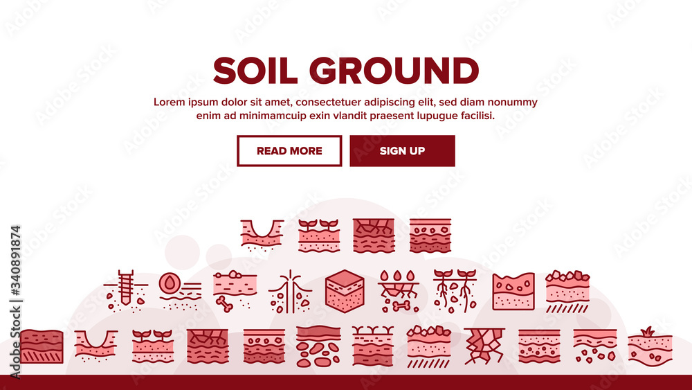 Poster soil ground research landing web page header banner template vector. soil ground with old bone and g